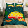 Maxcorners Camping Trailer Handmade Duvet Cover, Cartoon RV Camp Tent Botanical Pumpkin Quilt Cover, Geometric Retro Plaids Bedding Set