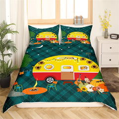 Maxcorners Camping Trailer Handmade Duvet Cover, Cartoon RV Camp Tent Botanical Pumpkin Quilt Cover, Geometric Retro Plaids Bedding Set