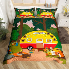 Maxcorners Camping Trailer Duvet Cover for RV Decor, Jungle Tree Botanical Pumpkin Rustic Bedding Set