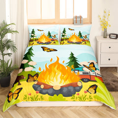 Maxcorners Campfire Duvet Cover for RV Decor, Cartoon Trailer Camping Theme Bedding Set