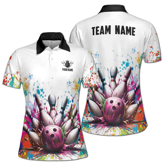 Maxcorners  Colorful Spatter Bowling Strike Bowling Jersey Customized Name, Team Name 3D Shirt For Women