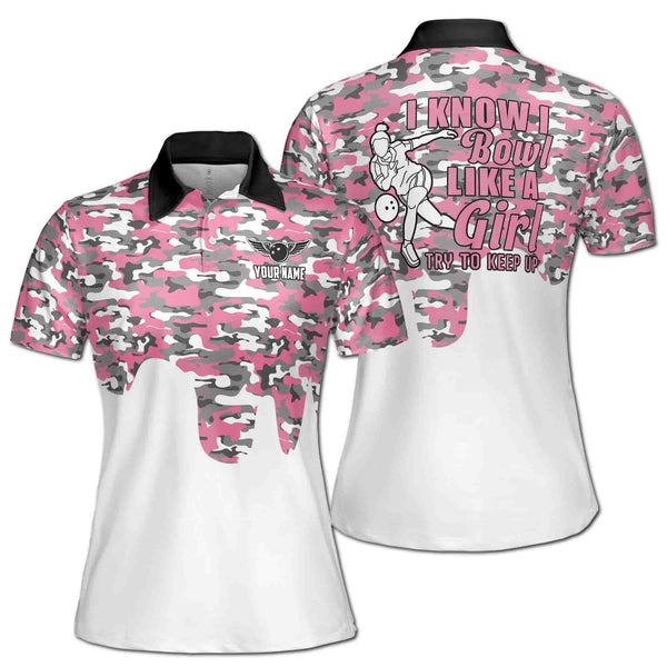 Maxcorners Pink Camo I Know I Bowl Bowling Jersey Customized Name, Team Name 3D Shirt For Women