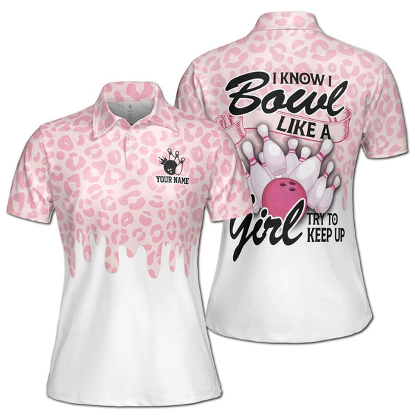 Maxcorners Pink Pattern I Know I Bowl Like A Girl Bowling Jersey Customized Name, Team Name 3D Shirt For Women