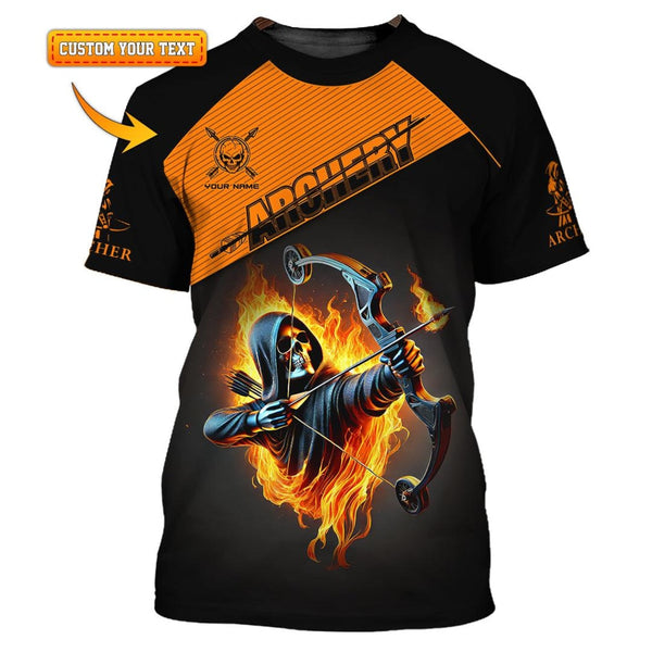 Maxcorners Custom Archery T-Shirt With Name, Flaming Grim Reaper Bow Design, Unique Gift For Archers And Bow Hunting Enthusiasts