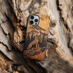 Maxcorners Howling Wolf Phone Case: Faux Wood Nature Landscape Full Wrap Phone Case LM0812