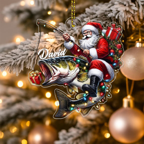 Maxcorners Custom Name Santa Fishing Acrylic Ornament – Custom Name Christmas Tree Decoration, Gift for Fishingman