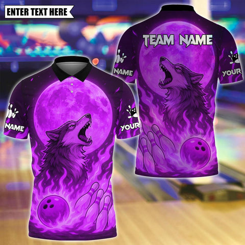 Maxcorners Custom Bowling Polo Shirt, Flame Moon Wolf Bowling Design, Personalized Bowling Polo for Men Women,Personalized Name Team 3D Shirt Purple TU1809
