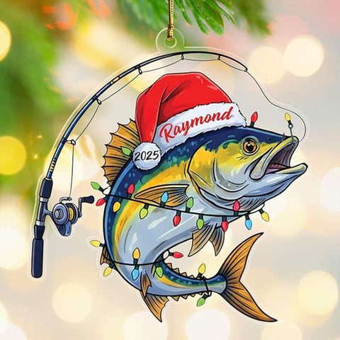Maxcorners Personalized Fishing Ornament, Custom Name and Year Fish Shaped Xmas Tree Decor, Unique Christmas Gift for Family or Fishing Lovers