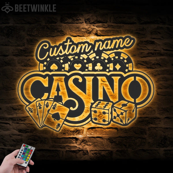Custom Casino Playing Cards Chips Gambling Dice Poker Metal Wall Art LED Light - Personalized Gamer Name Sign Home Decor Game Zone Decoration