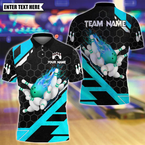 Maxcorners Custom Bowling Polo Shirt, Flame Bowling Design, Personalized Bowling Polo for Men Women,Personalized Name Team 3D Shirt Cyan TU1809