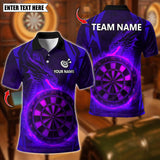 Maxcorners Personalized Name Dart Polo Shirt, Dragon With Flame Dartboard Design ,Custom Team Shirt for Men, Gift for Darts Players Purple TU1809