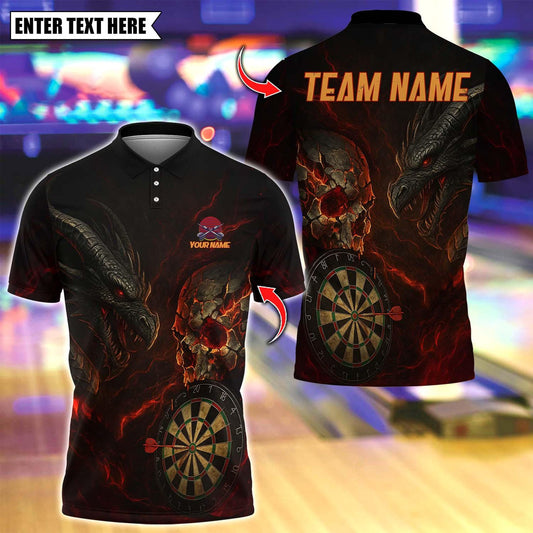 Maxcorners Personalized Name Dart Polo Shirt, Dark Vibes Mystery Skull With Dartboard Design ,Custom Team Shirt for Men, Gift for Darts Players Red