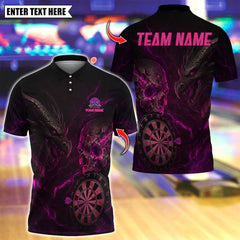 Maxcorners Personalized Name Dart Polo Shirt, Dark Vibes Mystery Skull With Dartboard Design ,Custom Team Shirt for Men, Gift for Darts Players Pink TU1809