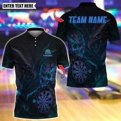 Maxcorners Personalized Name Dart Polo Shirt, Dark Vibes Mystery Skull With Dartboard Design ,Custom Team Shirt for Men, Gift for Darts Players Blue TU1809