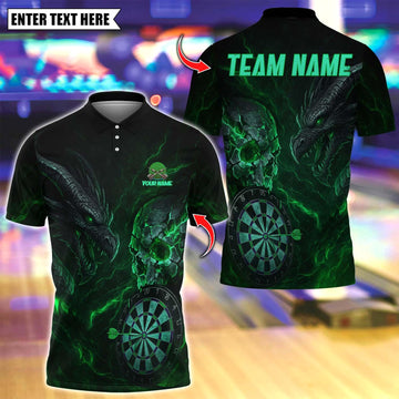 Maxcorners Personalized Name Dart Polo Shirt, Dark Vibes Mystery Skull With Dartboard Design ,Custom Team Shirt for Men, Gift for Darts Players Green
