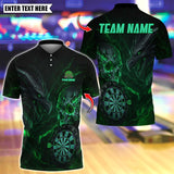 Maxcorners Personalized Name Dart Polo Shirt, Dark Vibes Mystery Skull With Dartboard Design ,Custom Team Shirt for Men, Gift for Darts Players Green TU1809