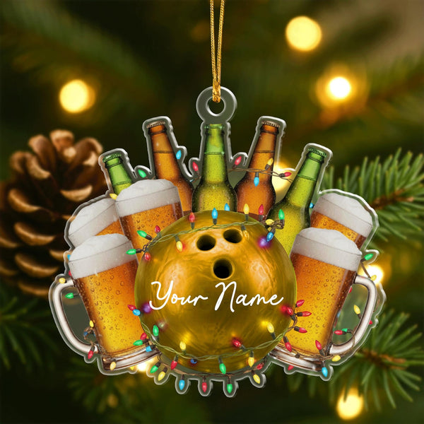 Maxcorners Custom Bowling and Beer Ornament 2025, Personalized Christmas Gift for Him, Funny Holiday Tree Decor, Custom Name Keepsake LM1111