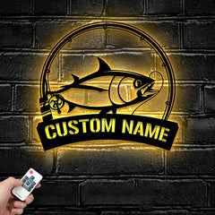 Maxcorners Custom Atlantic Bluefin Tuna Fishing Metal Sign Fish Wall Art With LED Light
