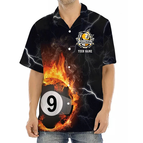 Maxcorners Personalized Billiard 9 Ball Fire Flame Hawaiian Shirt