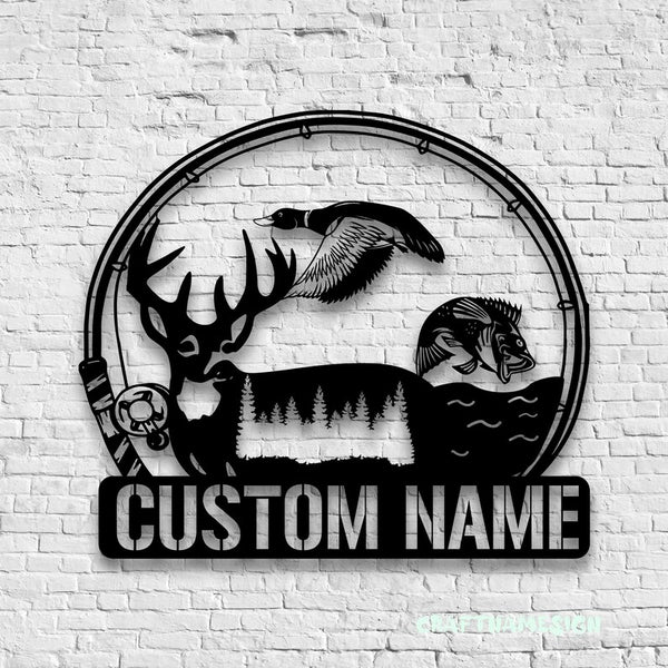 Maxcorners Custom Deer Duck And Bass Fishing Metal Sign Fish Wall Art With LED Light