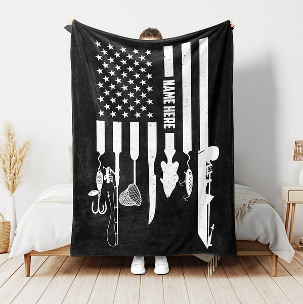 Maxcorners Custom Name Fishing Black USA Flag Blanket