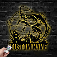 Maxcorners Custom Bass Fishing Metal Sign Fish Wall Art With LED Light