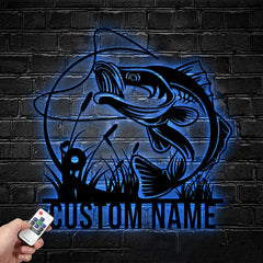 Maxcorners Custom Bass Fishing Metal Sign Fish Wall Art With LED Light