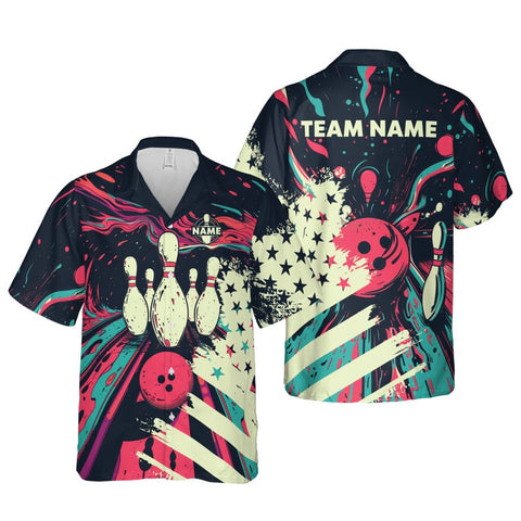 MaxCorners Bowling And Pins Button Down Customized Name, Team Name 3D Hawaiian Shirt