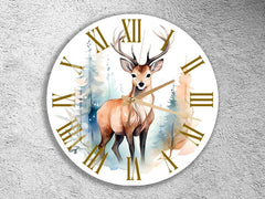 Maxcorners Watercolor Deer Tempered Glass Wall Clock: Silent Wildlife Art TU3012