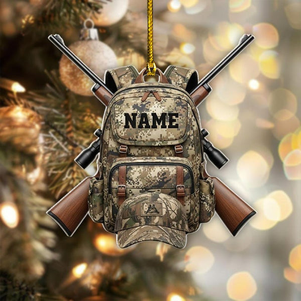 Maxcorners Personalized Hunter Backpack Ornament, Custom Name Hunting Gift, Camo Rifle Christmas Décor, Deer Hunter Keepsake, Xmas Tree Ornament