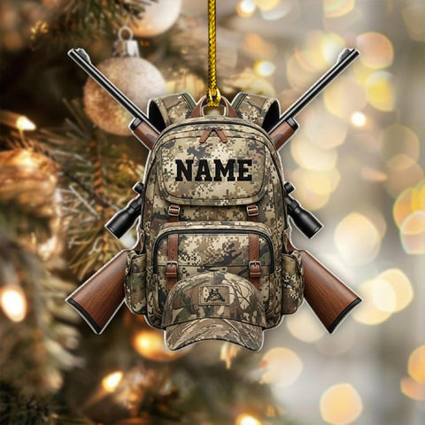 Maxcorners Personalized Hunter Backpack Ornament, Custom Name Hunting Gift, Camo Rifle Christmas Décor, Deer Hunter Keepsake, Xmas Tree Ornament