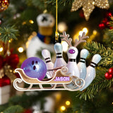 Maxcorners Purple Personalized Bowling Ornament with Custom Name, Funny Bowling Christmas Gift for Players, Unique Bowling Ball and Pin Tree Decoration MT1611