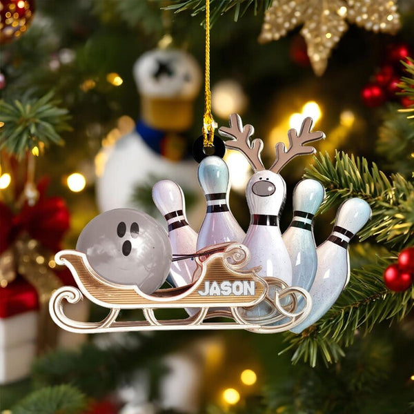 Maxcorners Grey Personalized Bowling Ornament with Custom Name, Funny Bowling Christmas Gift for Players, Unique Bowling Ball and Pin Tree Decoration MT1611