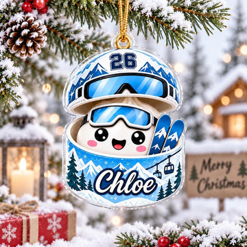 Maxcorners Dumpling Ornament Cute Skiing Mascot Character Wearing Goggles Helmet Holding Skis Mountain Snow Trees Cable Car Number Year Personalized Christmas Decor
