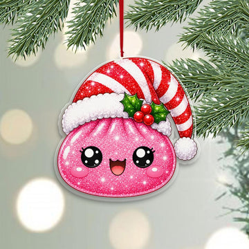 Maxcorners Dumpling Ornament Cute Sparkle Glitter Character Wearing Striped Santa Hat Holly Berries Xmas Tree Hanging Personalized Christmas Decor