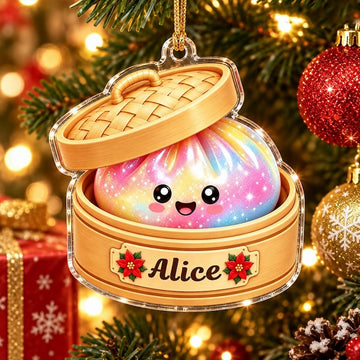 Maxcorners Dumpling Ornament Cute Sparkle Glitter Food Character Bamboo Steamer Basket Poinsettia Flowers Personalized Christmas Decor