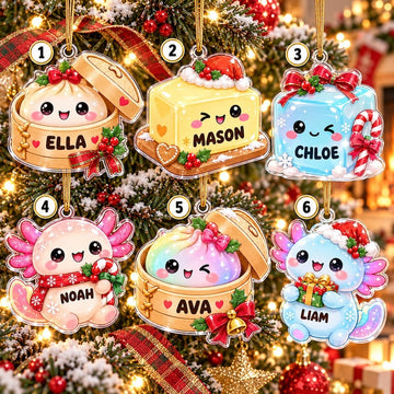 Maxcorners Dumpling Ornament Cute Characters Axolotl Santa Cap Ribbon Bow Bamboo Steamer Basket Gift Candy Cane Jingle Bell Xmas Tree Hanging Personalized Christmas Decor