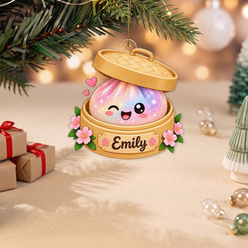 Maxcorners Dumpling Ornament Cute Sparkle Glitter Winking Character Bamboo Steamer Basket Cherry Blossoms Flowers Hearts Tree Hanging Personalized Christmas Decor