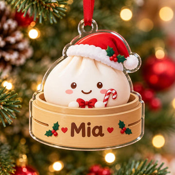 Maxcorners Dumpling Ornament Cute Character Santa Cap Bowtie Candy Cane Bamboo Steamer Basket Holly Berries Hearts Tree Hanging Personalized Christmas Decor