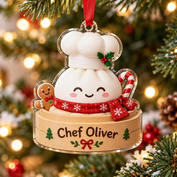 Maxcorners Dumpling Ornament Cute Character Wearing Chef Hat Snowflake Scarf Holding Candy Cane Gingerbread Man Bamboo Steamer Basket Personalized Christmas Decor
