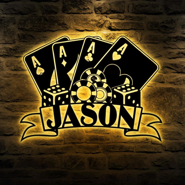 Personalized Poker Metal Wall Art LED, Gift For Poker Lover, Poker Game Room Decor
