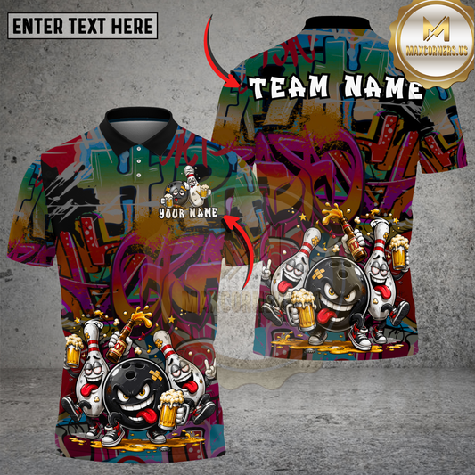 Maxcorners Graffiti Bowling Party Cartoon Style Multicolor Options Personalized Name, Team Name 3D Shirt (4 Colors)