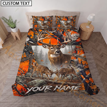 Maxcorners Personalized Whitetail Deer Hunting Bedding Set, Custom Name Orange Camo Buck Hunter Bedding, Deer Hunting Gift for Hunter