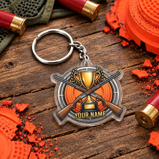 Maxcorners Golden Trophy Crossed Shotguns Badge Trap Shooting Personalized Name Acrylic Keychain