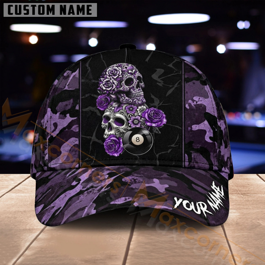 Maxcorners Billiards 8 Ball Purple Skull Camo Multiple Options Personalized Name 3D Cap