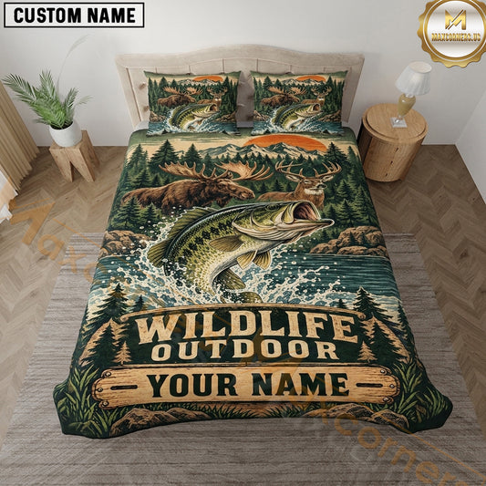 Maxcorners Bass Fishing Wildlife Outdoor Forest Lake Vintage Artwork Multiple Options Personalized Name 3D Printed Bedding Set