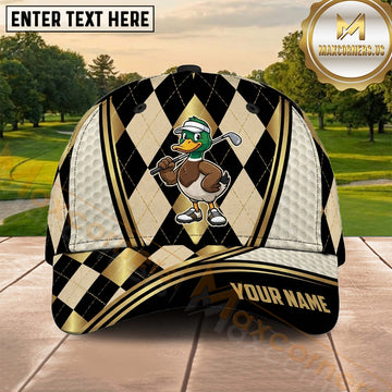 Maxcorners Golf Black Gold Argyle Cartoon Golfer Personalized Name 3D Cap
