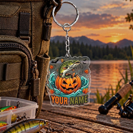 Maxcorners Halloween Pumpkin Fishing Artwork Personalized Name 2D Acrylic Keychain Ornament (13 Fish Species)