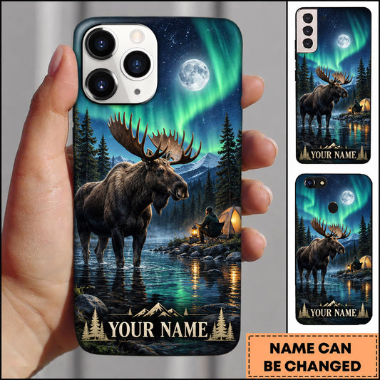 Maxcorners Moose Hunting Aurora Moonlit Lake Wilderness Personalized Name 3D Phone Case