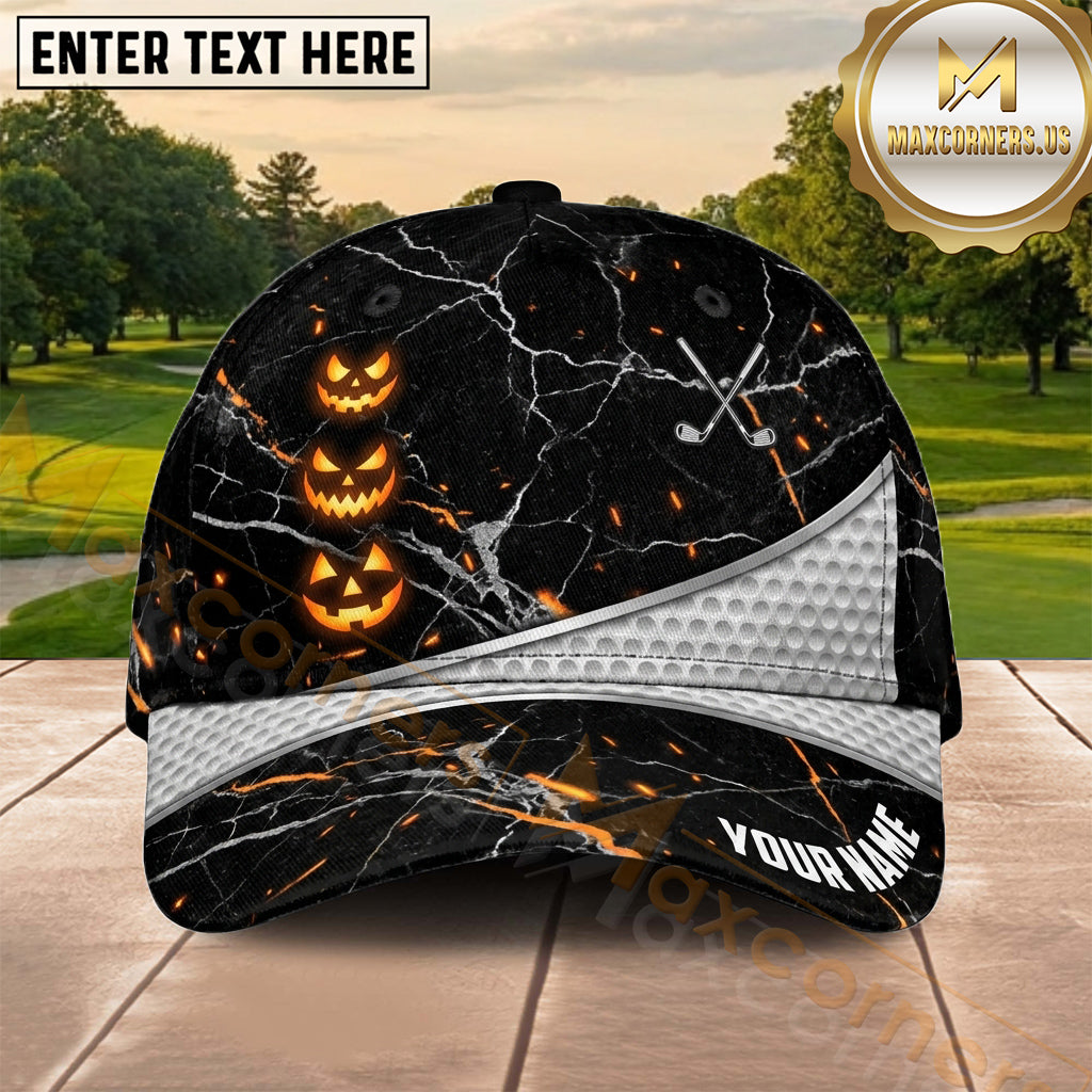 Maxcorners Golf Halloween Glowing Pumpkins Black Marble Personalized Name 3D Cap